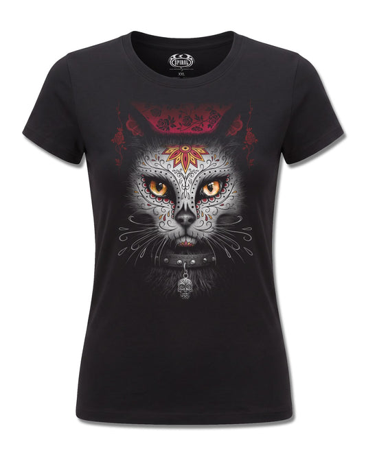 Spiral Catrina design, front view on Black F775, Rock Off Retail official merch