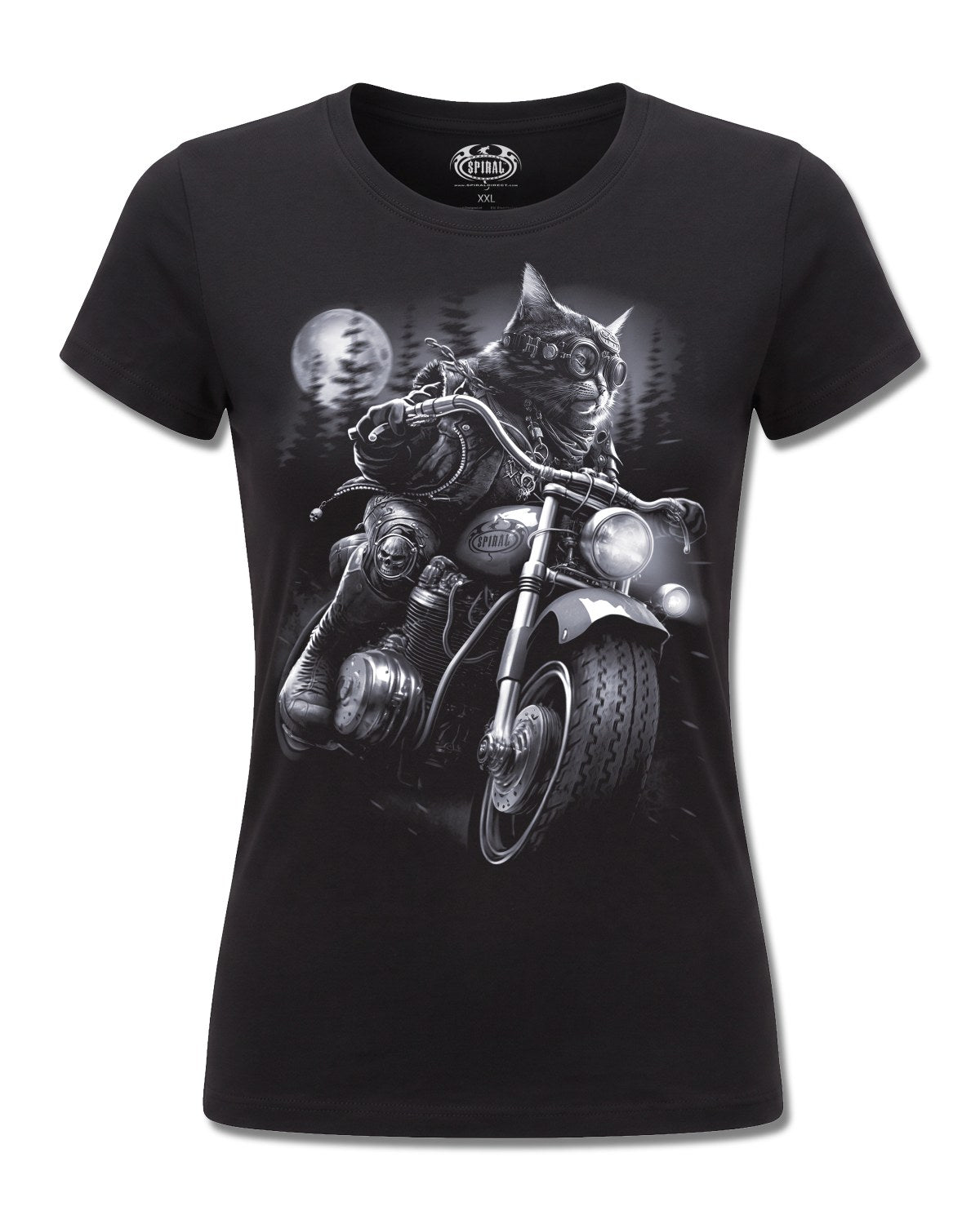 Spiral Nine Lives design, front view on Black F775, Rock Off Retail official merch