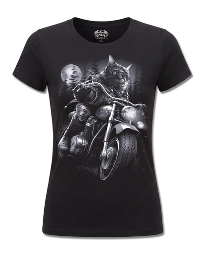 Spiral Nine Lives design, front view on Black F775, Rock Off Retail official merch