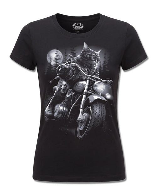 Spiral Nine Lives design, front view on Black F775, Rock Off Retail official merch