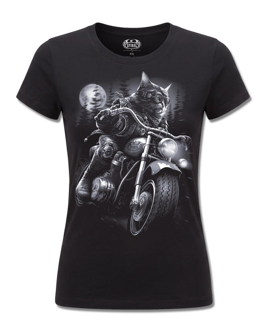 Spiral Nine Lives design, front view on Black F775, Rock Off Retail official merch