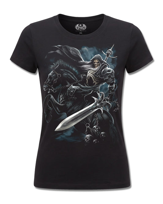 Spiral Grim Rider design, front view on Black F775, Rock Off Retail official merch