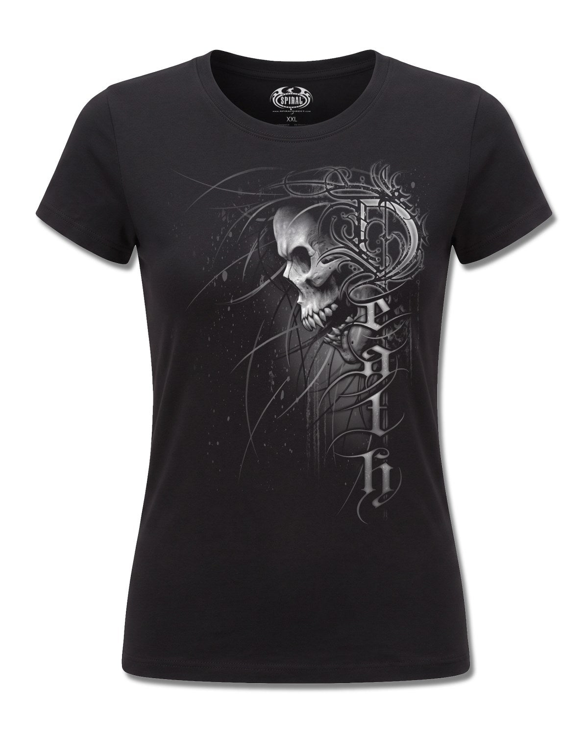 Spiral Death Forever design, front view on Black F775, Rock Off Retail official merch