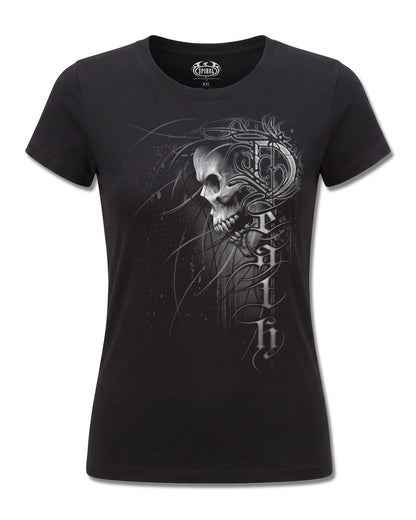 Spiral Death Forever design, front view on Black F775, Rock Off Retail official merch