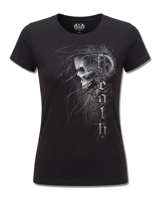 Spiral Death Forever design, front view on Black F775, Rock Off Retail official merch