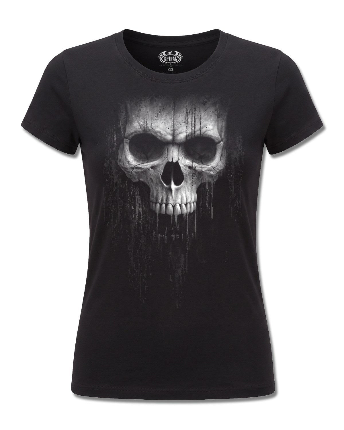 Spiral Acid Skull design, front view on Black F775, Rock Off Retail official merch