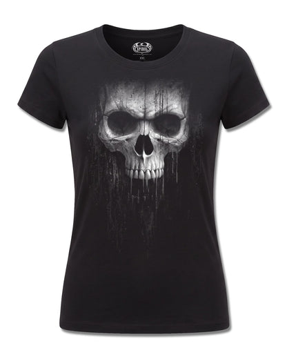 Spiral Acid Skull design, front view on Black F775, Rock Off Retail official merch