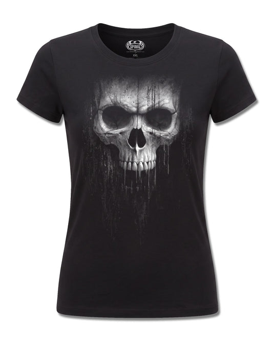 Spiral Acid Skull design, front view on Black F775, Rock Off Retail official merch