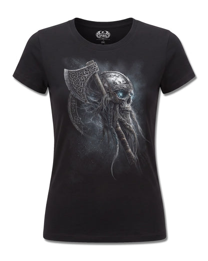 Spiral Viking Rampage design, front view on Black F775, Rock Off Retail official merch