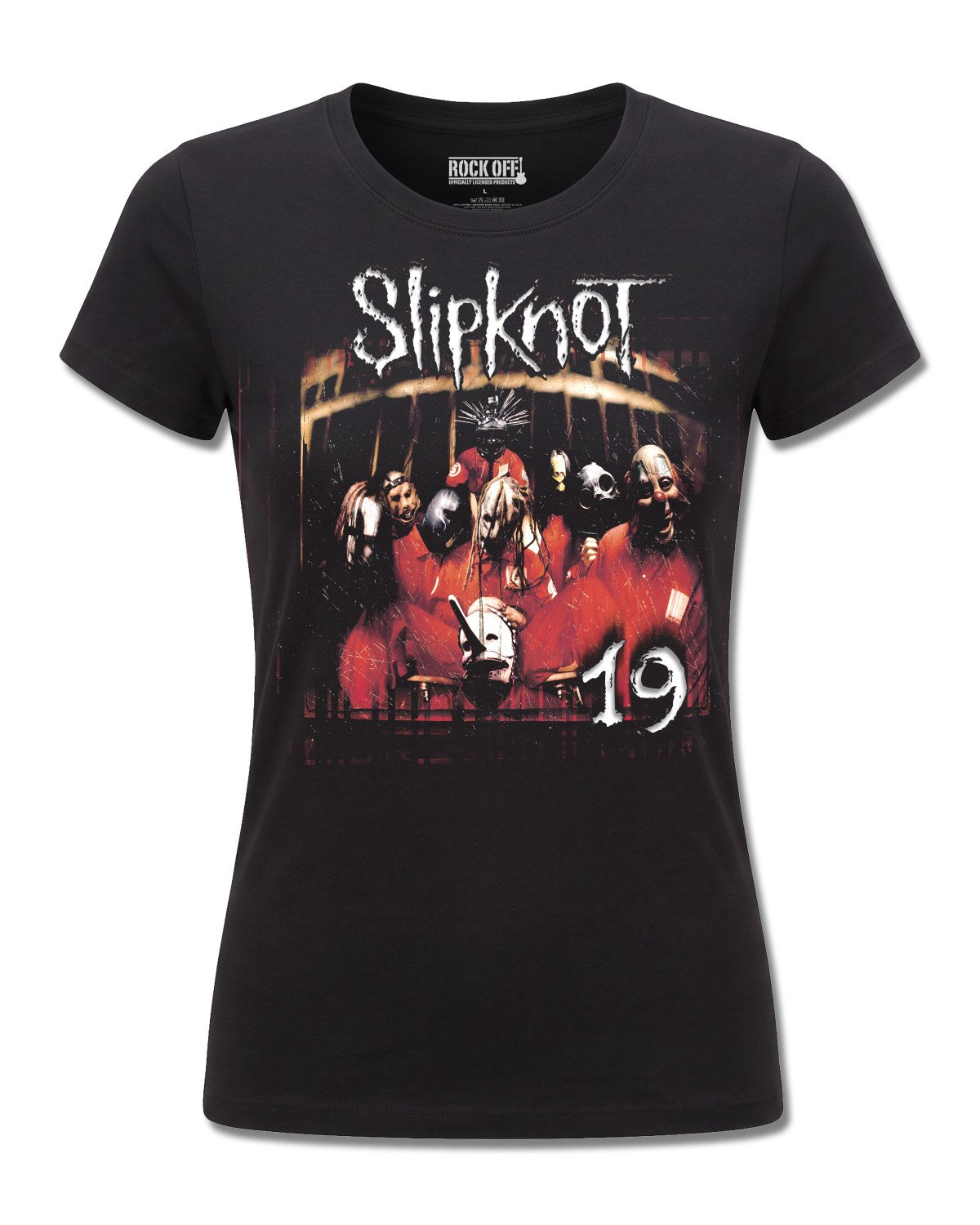 Slipknot Debut Album 19 Years (Slipknot) design, front view on Black F775, Rock Off Retail official merch