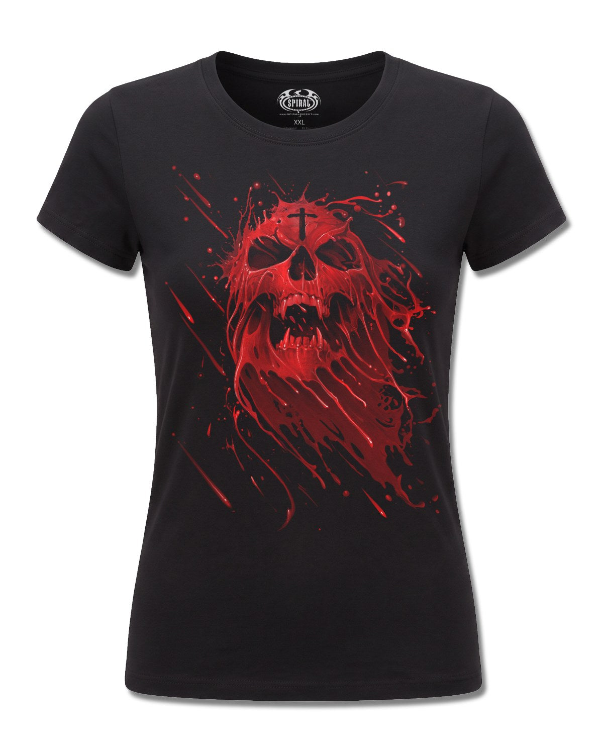 Spiral Pure Blood design, front view on Black F775, Rock Off Retail official merch