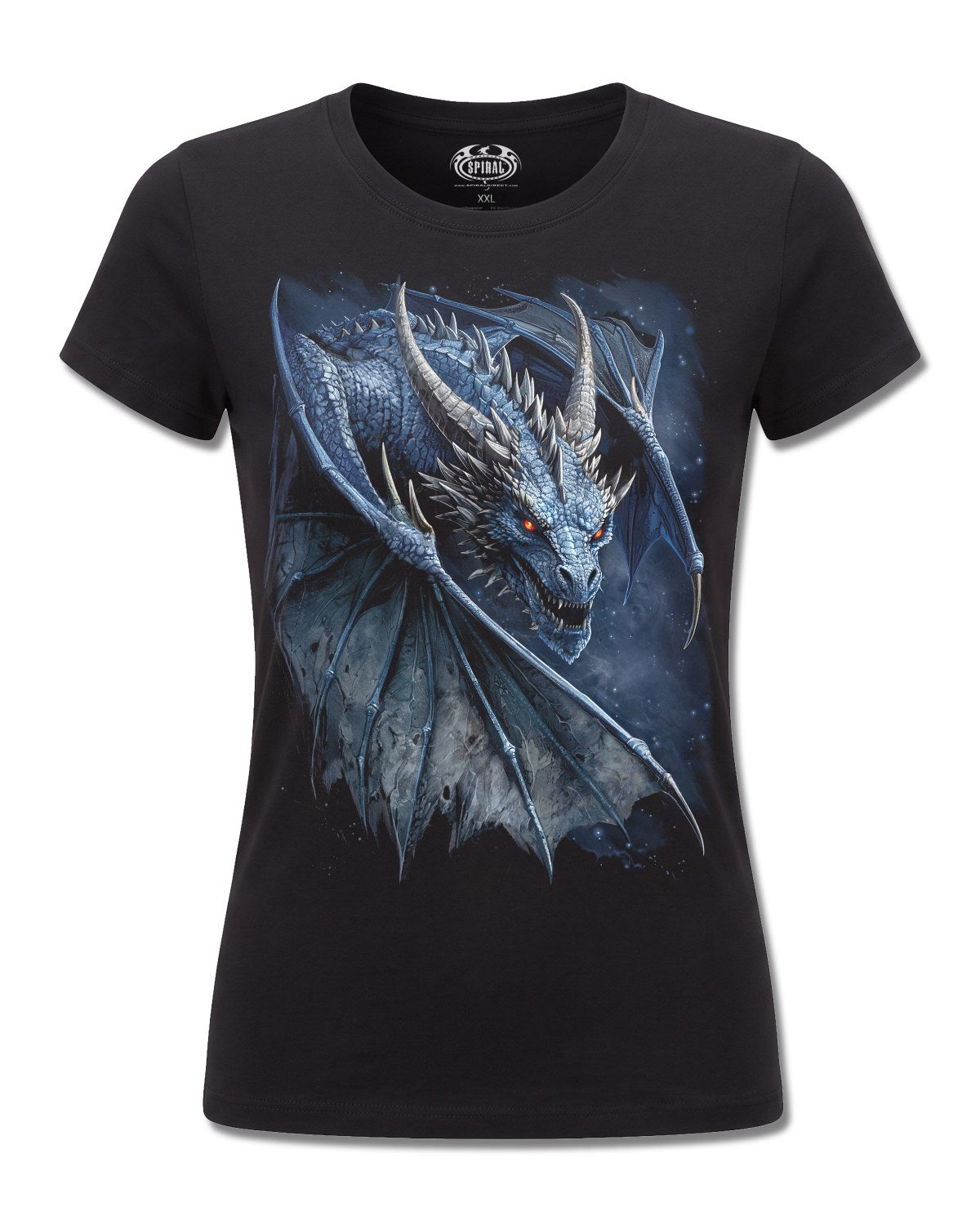 Spiral Storm Dragon design, front view on Black F775, Rock Off Retail official merch