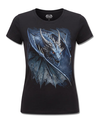 Spiral Storm Dragon design, front view on Black F775, Rock Off Retail official merch