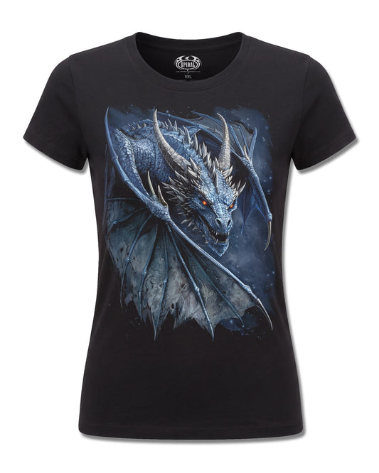 Spiral Storm Dragon design, front view on Black F775, Rock Off Retail official merch