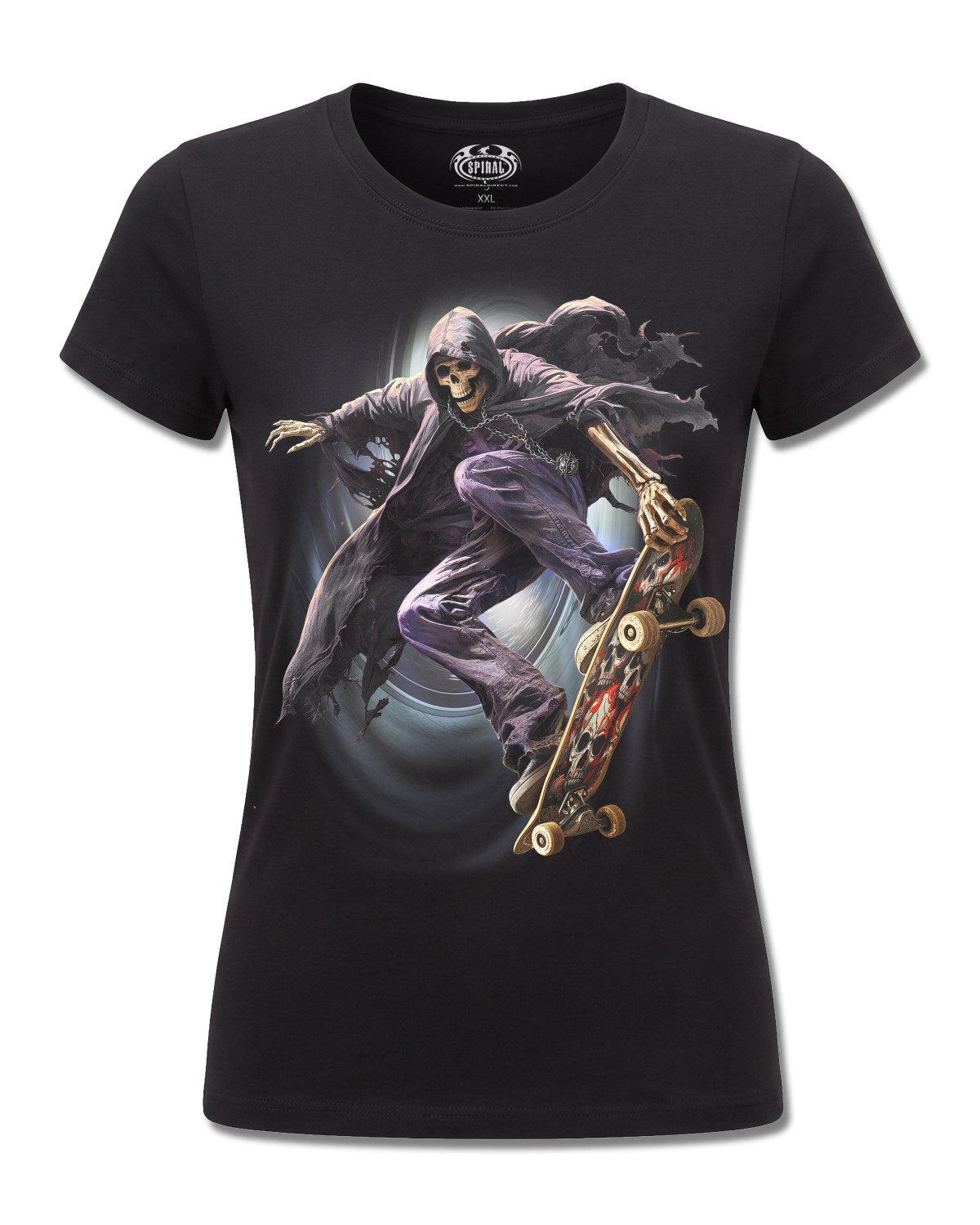 Spiral Soul Boarder design, front view on Black F775, Rock Off Retail official merch