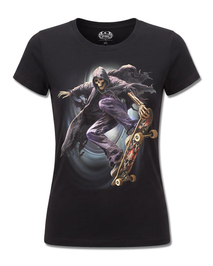 Spiral Soul Boarder design, front view on Black F775, Rock Off Retail official merch