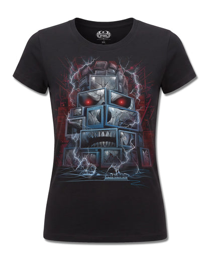 Spiral Death By TV design, front view on Black F775, Rock Off Retail official merch