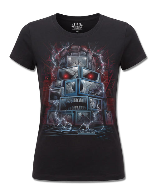Spiral Death By TV design, front view on Black F775, Rock Off Retail official merch
