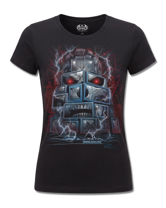 Spiral Death By TV design, front view on Black F775, Rock Off Retail official merch