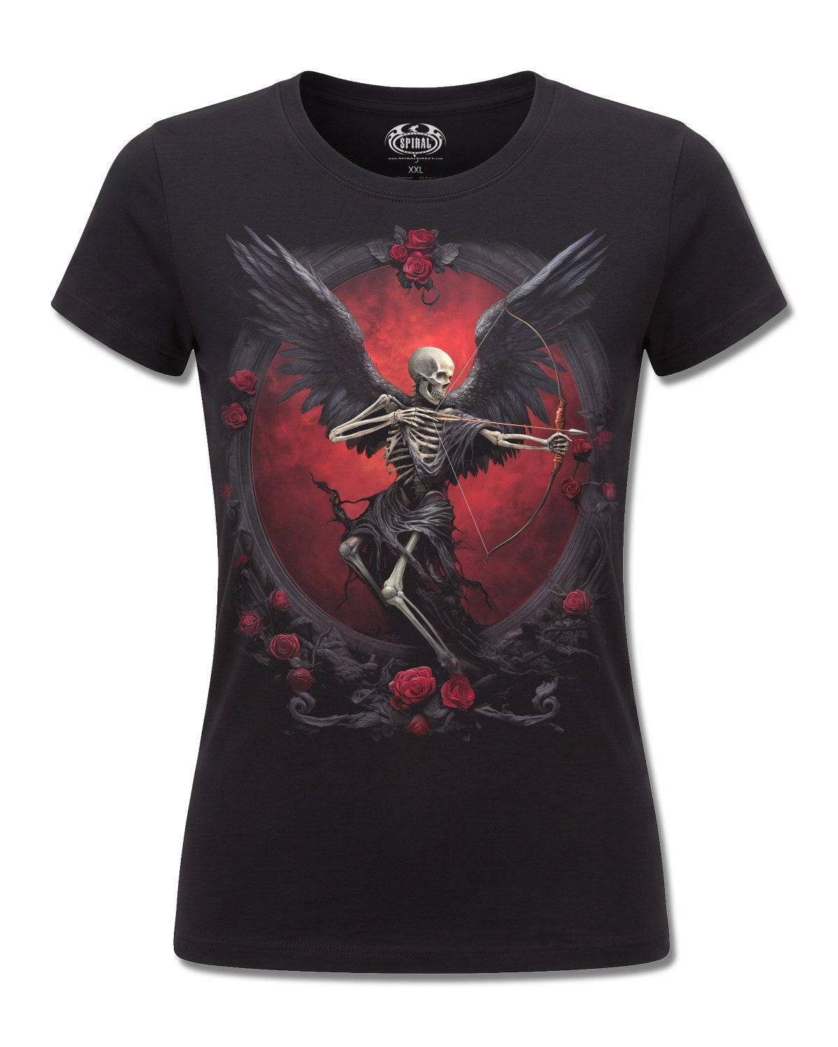 Spiral Cupid's Curse design, front view on Black F775, Rock Off Retail official merch