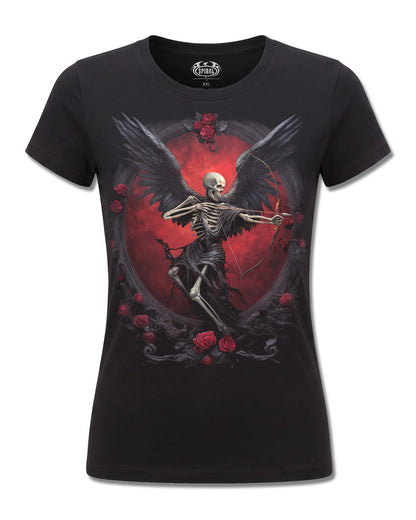 Spiral Cupid's Curse design, front view on Black F775, Rock Off Retail official merch