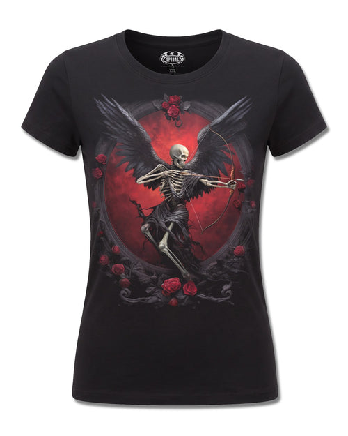 Spiral Cupid's Curse design, front view on Black F775, Rock Off Retail official merch