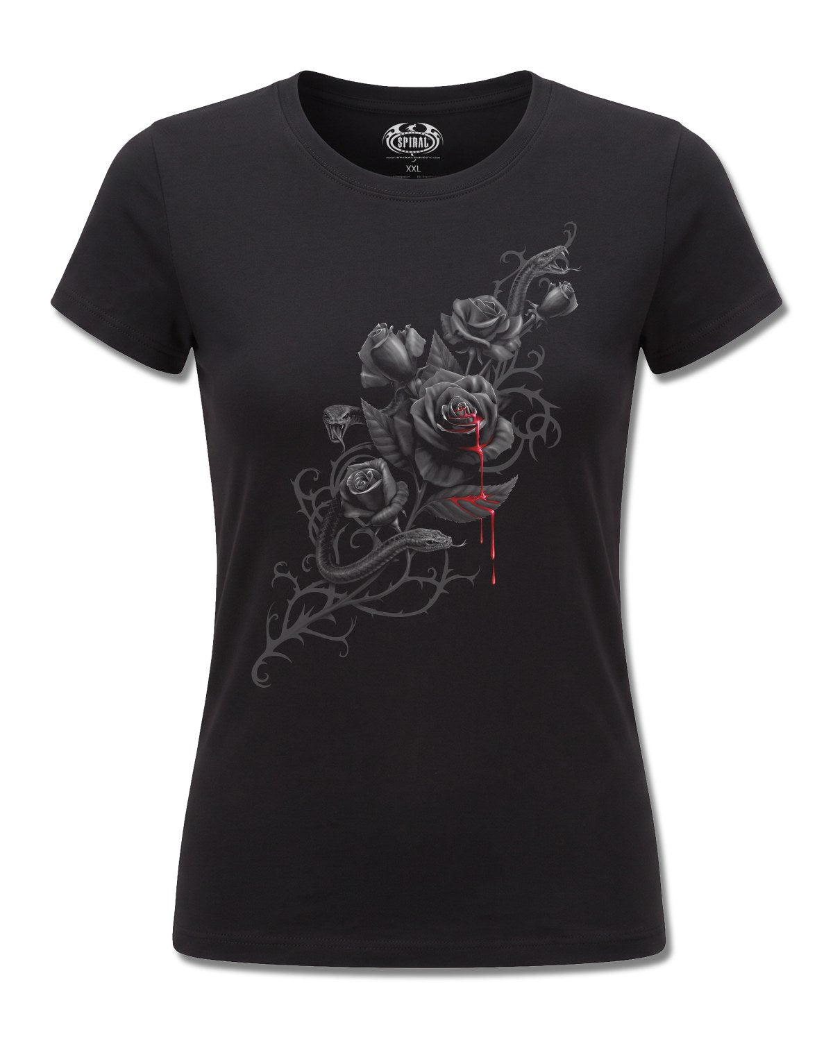 Spiral Fatal Attraction design, front view on Black F775, Rock Off Retail official merch