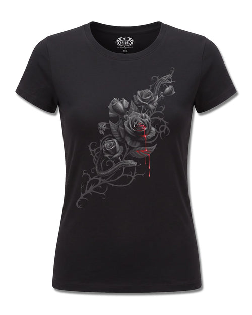 Spiral Fatal Attraction design, front view on Black F775, Rock Off Retail official merch