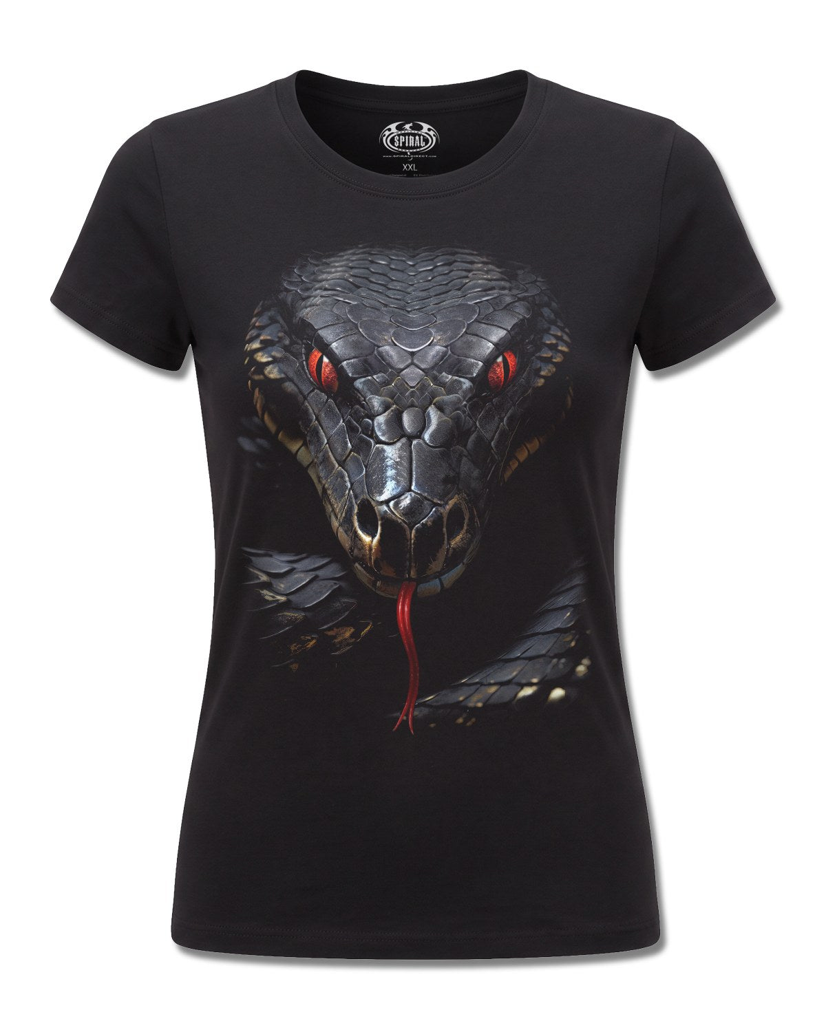 Spiral Basilisk design, front view on Black F775, Rock Off Retail official merch