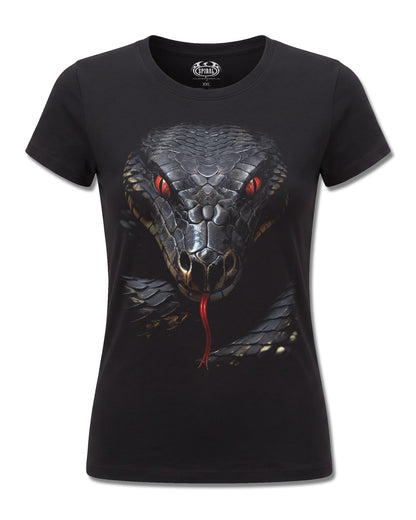 Spiral Basilisk design, front view on Black F775, Rock Off Retail official merch