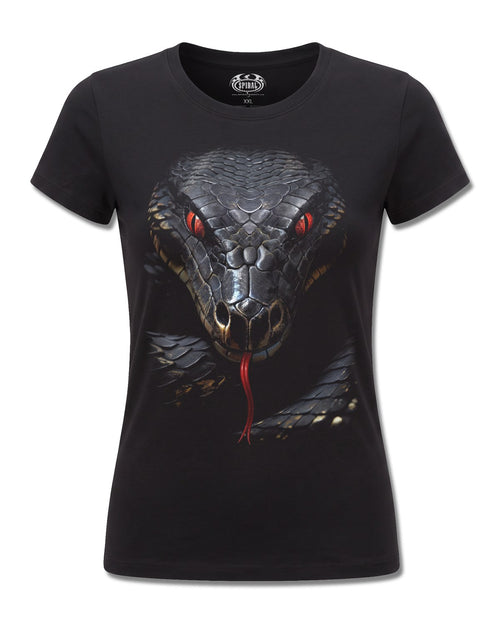 Spiral Basilisk design, front view on Black F775, Rock Off Retail official merch