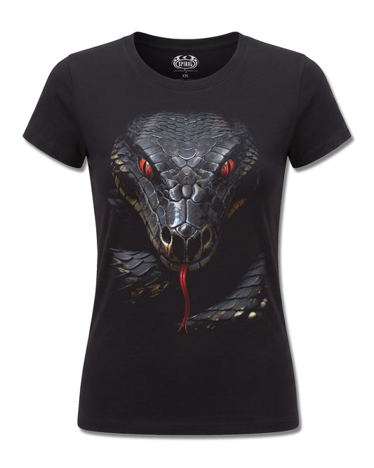 Spiral Basilisk design, front view on Black F775, Rock Off Retail official merch