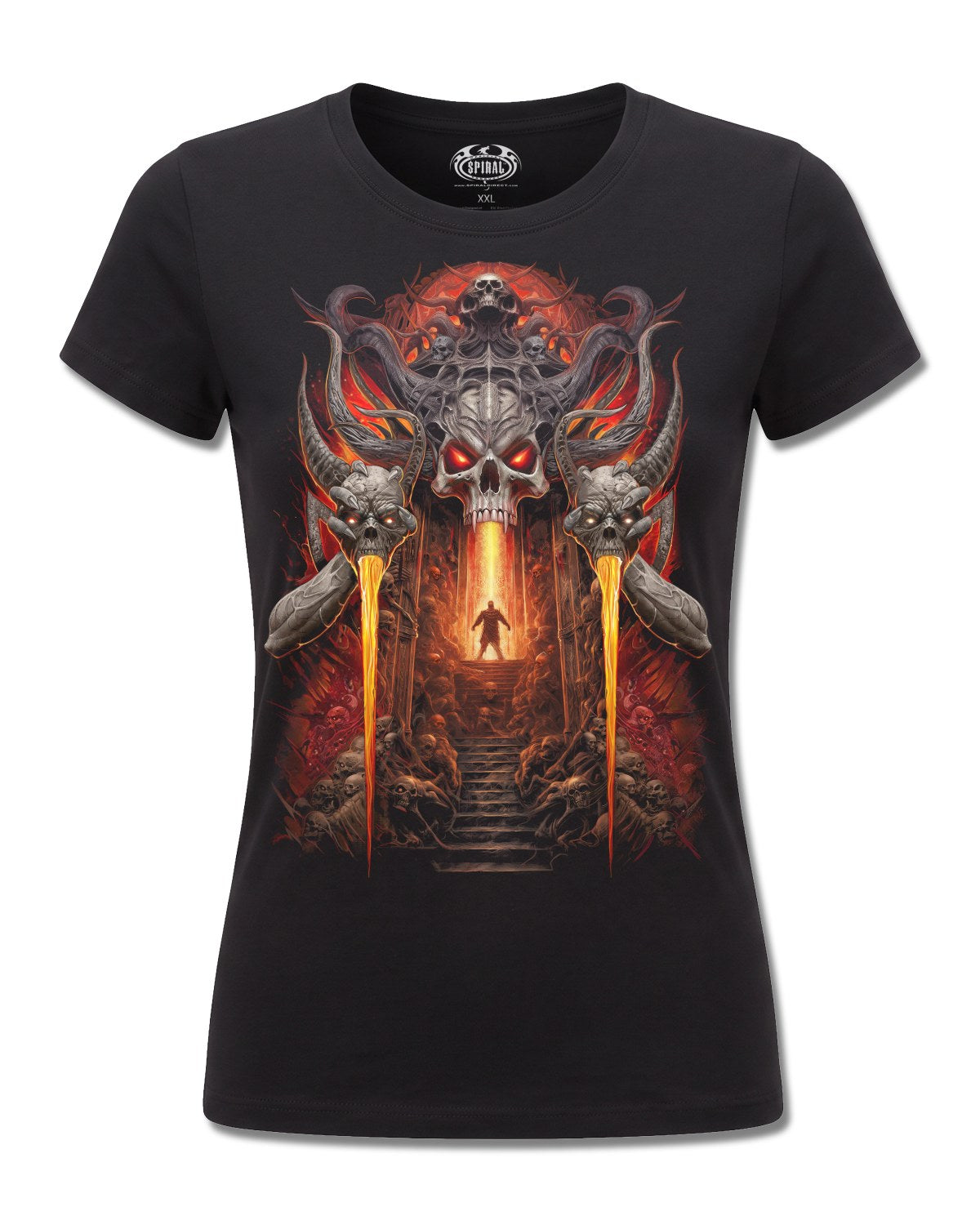 Spiral Gates Of Hell design, front view on Black F775, Rock Off Retail official merch