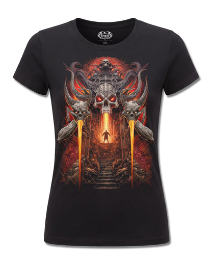 Spiral Gates Of Hell design, front view on Black F775, Rock Off Retail official merch