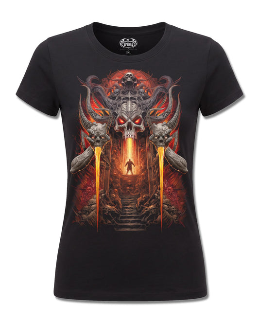 Spiral Gates Of Hell design, front view on Black F775, Rock Off Retail official merch