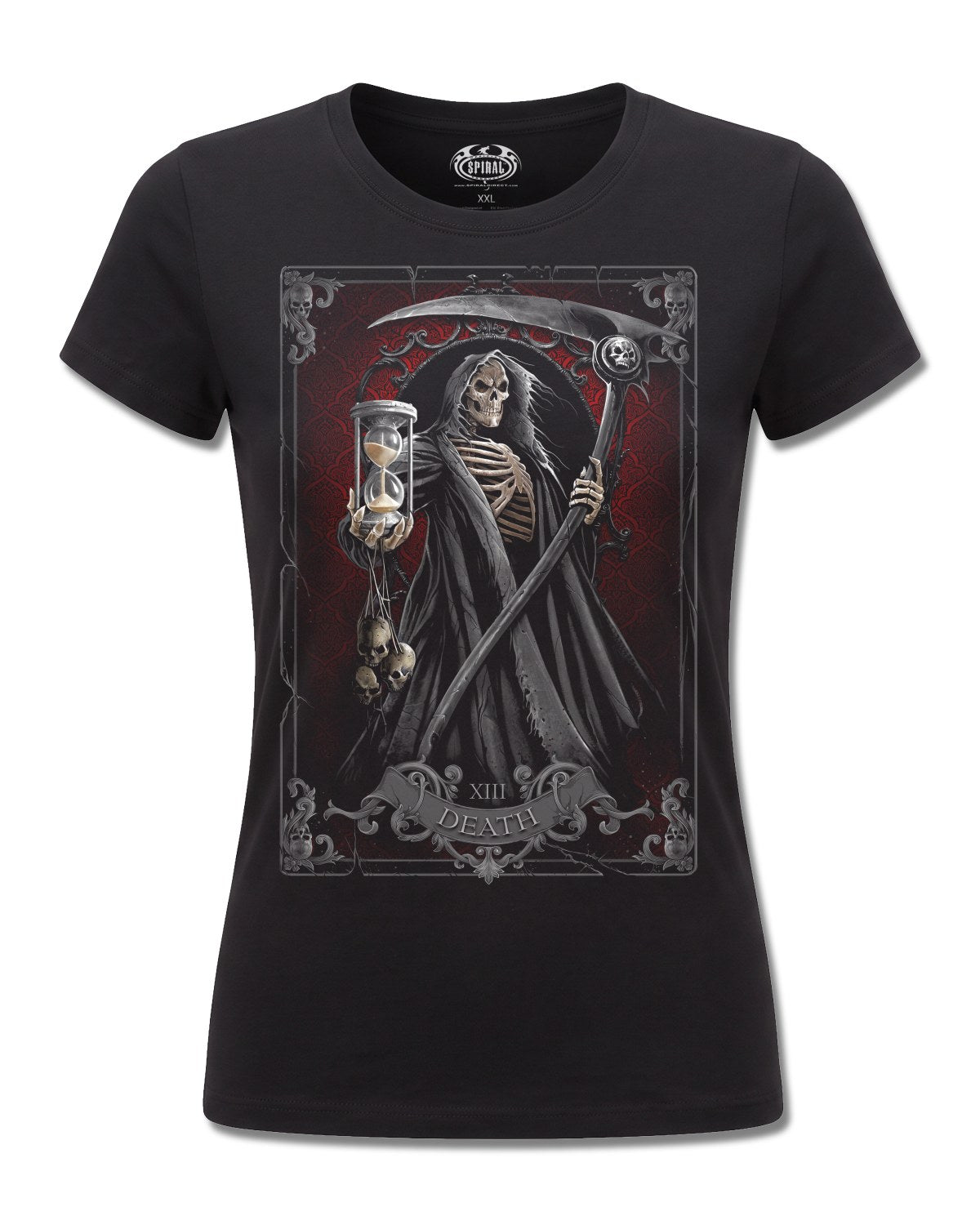 Spiral Death Tarot design, front view on Black F775, Rock Off Retail official merch