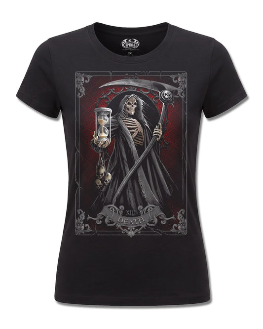 Spiral Death Tarot design, front view on Black F775, Rock Off Retail official merch