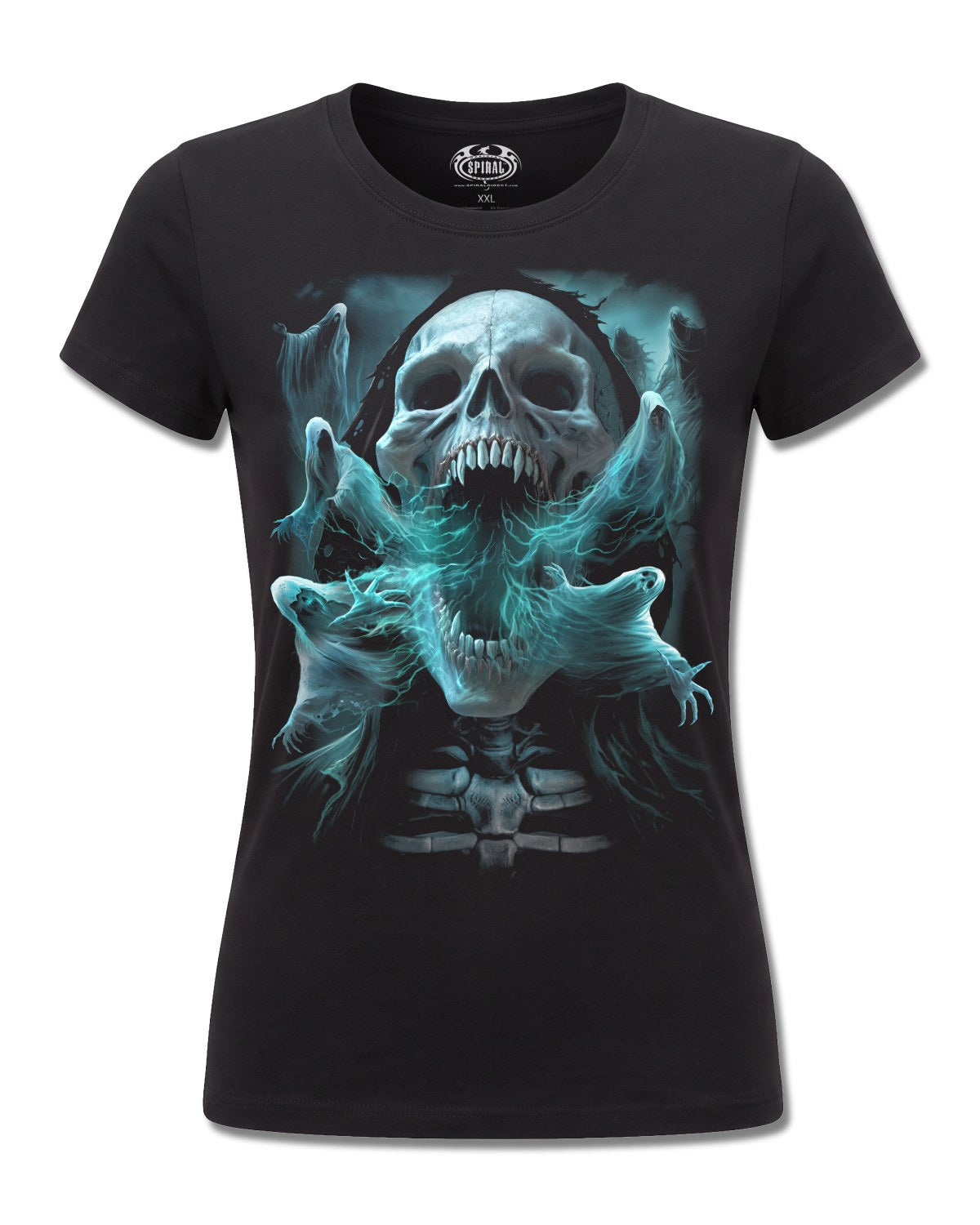 Spiral Ghost Skull design, front view on Black F775, Rock Off Retail official merch