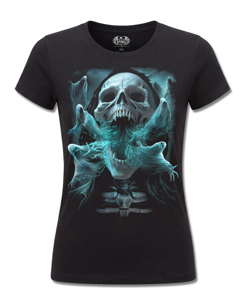 Spiral Ghost Skull design, front view on Black F775, Rock Off Retail official merch