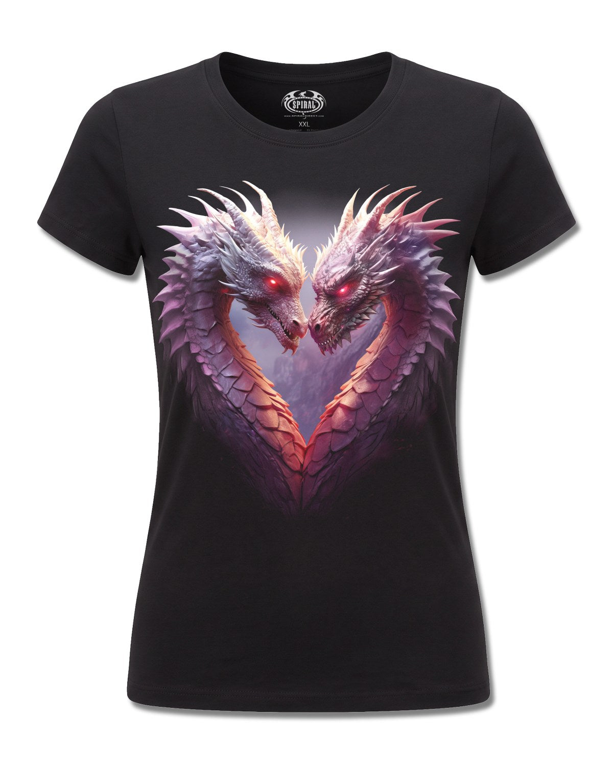 Spiral Heart Of Dragons design, front view on Black F775, Rock Off Retail official merch