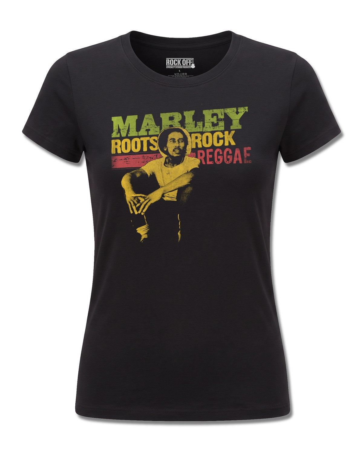 Bob Marley Roots, Rock, Reggae (Bob Marley) design, front view on Black F775, Rock Off Retail official merch