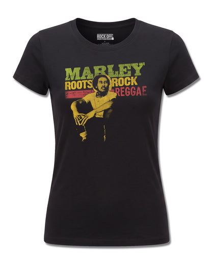 Bob Marley Roots, Rock, Reggae (Bob Marley) design, front view on Black F775, Rock Off Retail official merch