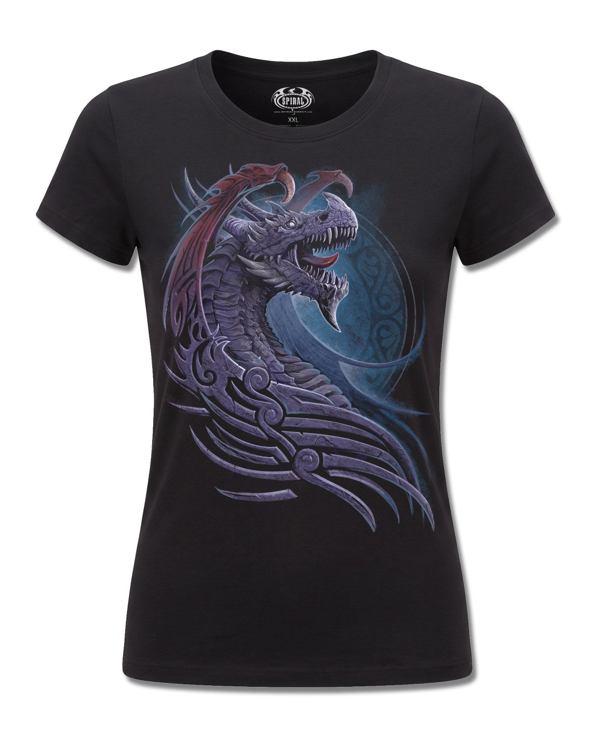 Spiral Dragon Borne design, front view on Black F775, Rock Off Retail official merch