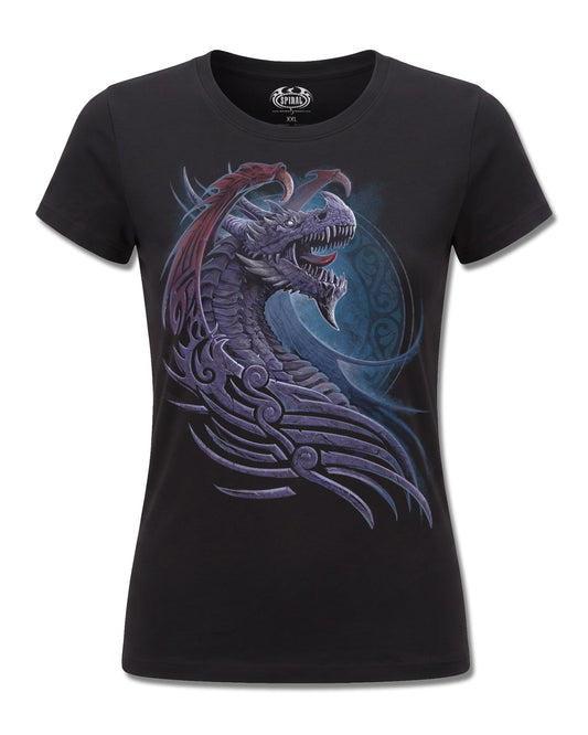 Spiral Dragon Borne design, front view on Black F775, Rock Off Retail official merch