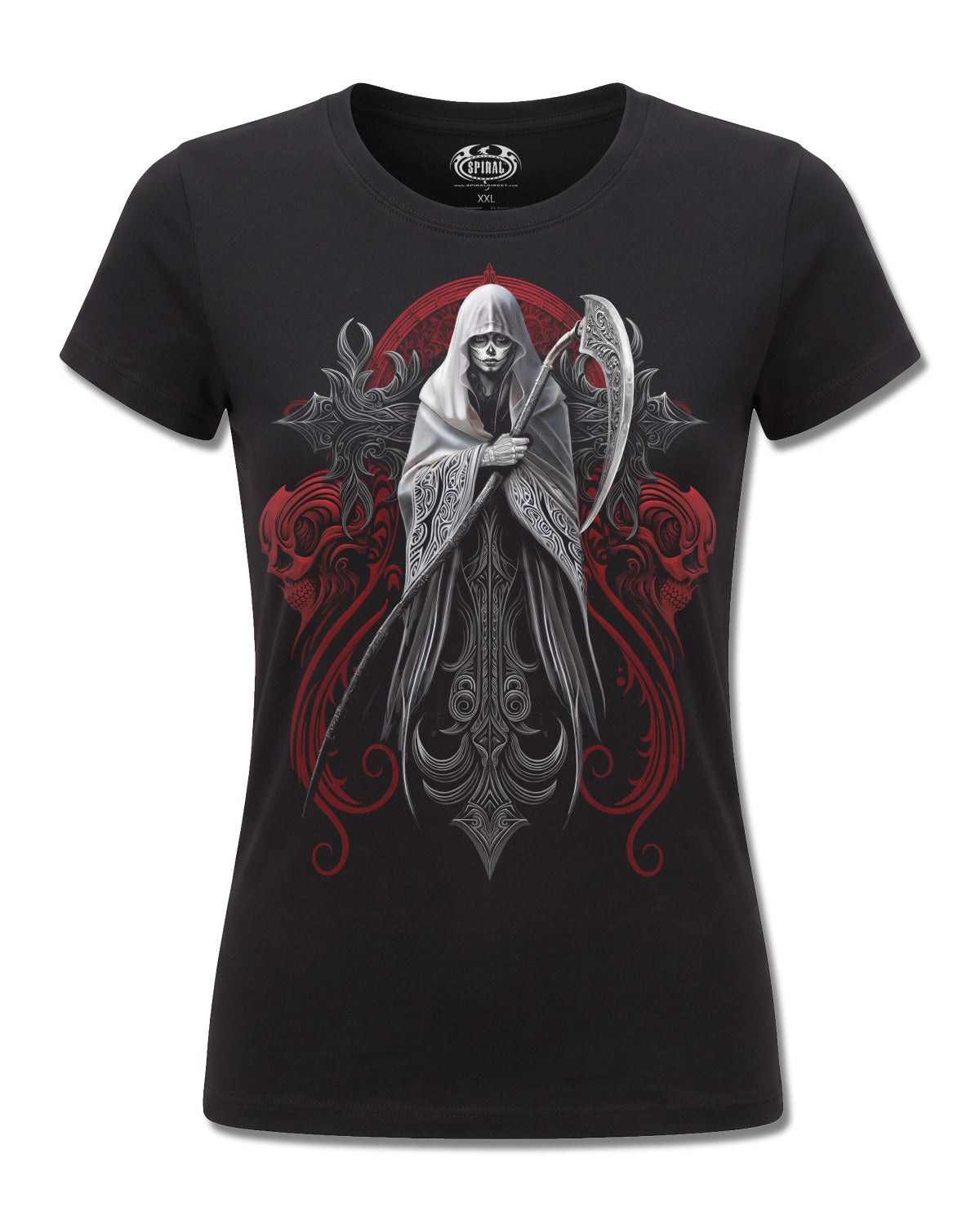 Spiral Reaperess design, front view on Black F775, Rock Off Retail official merch