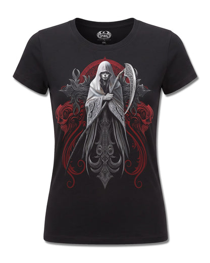 Spiral Reaperess design, front view on Black F775, Rock Off Retail official merch