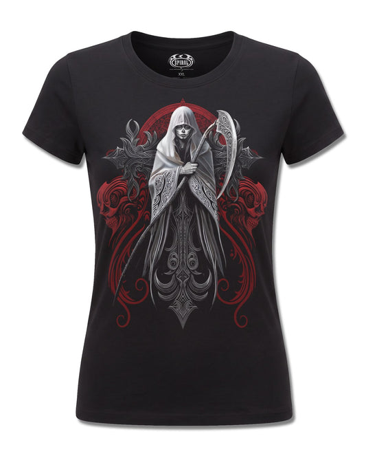 Spiral Reaperess design, front view on Black F775, Rock Off Retail official merch