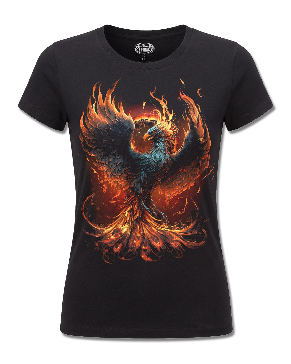 Spiral Ashes Reborn design, front view on Black F775, Rock Off Retail official merch