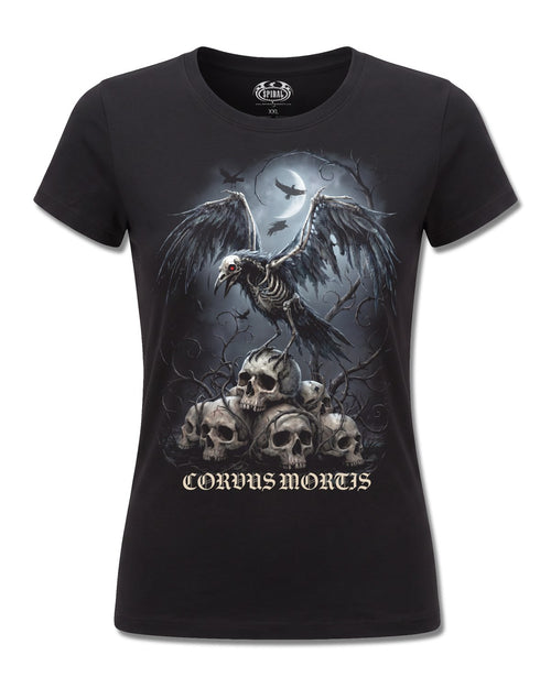 Spiral Corvus Mortis design, front view on Black F775, Rock Off Retail official merch