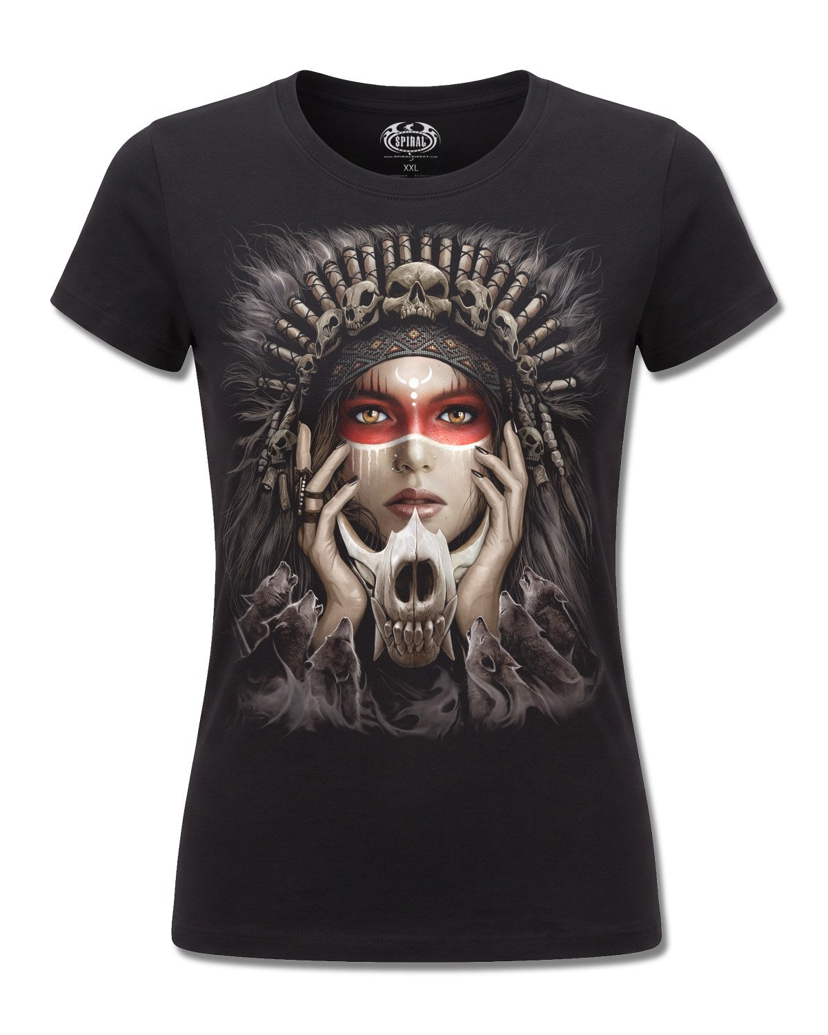 Spiral Cry Of The Wolf design, front view on Black F775, Rock Off Retail official merch
